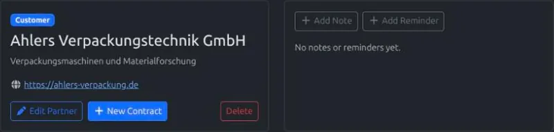A partner's detail page with Edit, New Contract and Delete, next to its notes